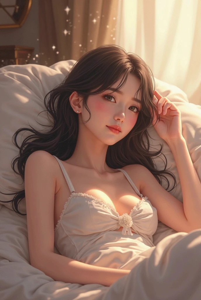 (8k、RAWE Photo、Highest quality、masterpiece:1.2)、(Genuine、photoGenuineistic:1.37)、Japanese、20-year-old、woman、On the bed、Natural light、Photon Mapping、、Long Hair、Brown Hair、,Young face、((Adorable face))、Troubled face、Detailed Repin Particle Skins、Big eyes、double eyelid、((((Droopy eyes))))、(((Big Breasts:1.3)))、((camisole))、(Camel Toe)、Perfect body、(Wet body)、Glowing Skin、(((Sleep on your back:1.3)))、Raise your arms above your head