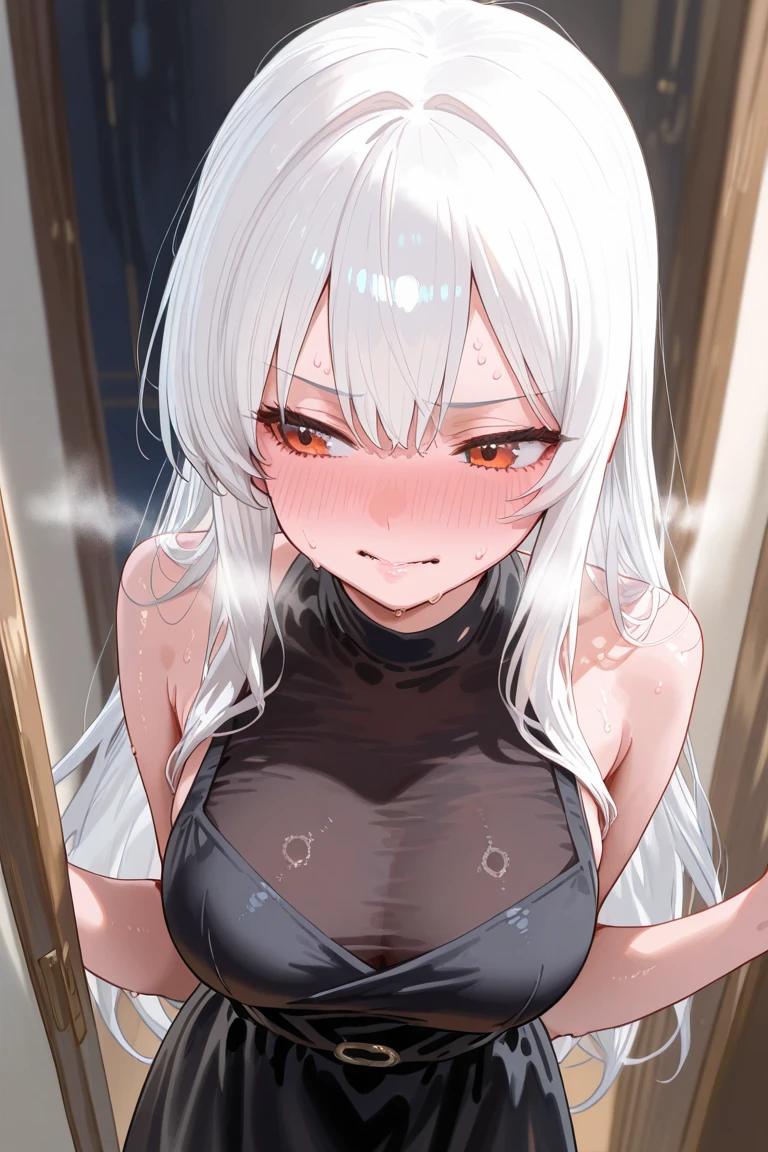 (High Definition:1.3), (Professional Photography:1.2), (very aesthetic:1.2), (absurdres:1.2), (sharp focus), (perfect light), catgirl, enormous size, silvery long white hair, fiery red eyes, black cat ears, black swaying tail, voluptuous figure, large breasts, (giant black tank bra), red windbreaker jacket,  shy-seductive face, seductive allure, endearing formidable, street, Tokyo, wall, laying on the wall, crossed arms, (Anime:1.3), cowboy shot, ((Masterpiece)), ((best quality)), (super detail:1.2)