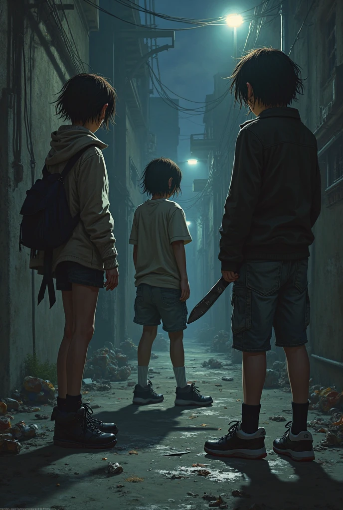 Un groupe de survivants se refugient dans un entrepot avec des zombies derriere eux qui les poursuivent dans une sombre nuit (post apocalypse) 