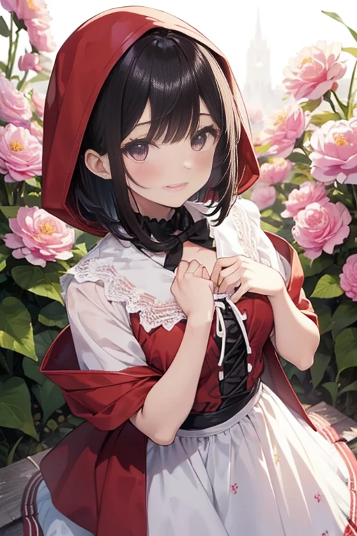 best quality, master piece, Picture book feeling, pastel touch, Little Red Riding Hood, a pretty girl, black eyes, black hair, very pretty face, smile, blush cheeks, symmetrical eyes, looking at viewer, bobcut hair, small , flat , dynamic posing, cowboy shot, a lot of flowers background, 