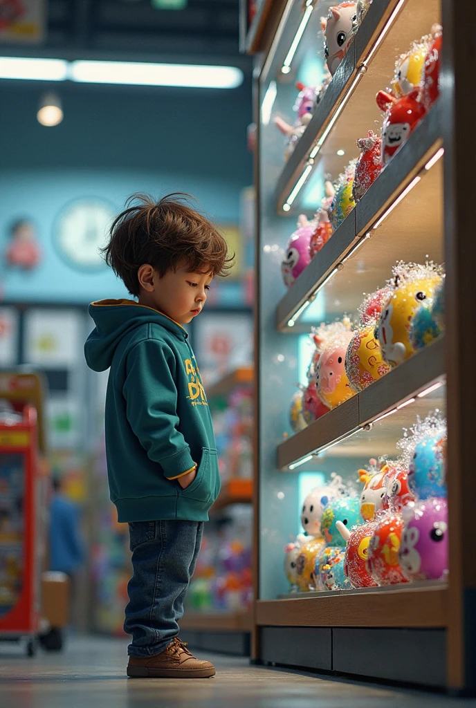 The little boy was very disappointed that he didn't have enough money to buy it，Left the toy store。