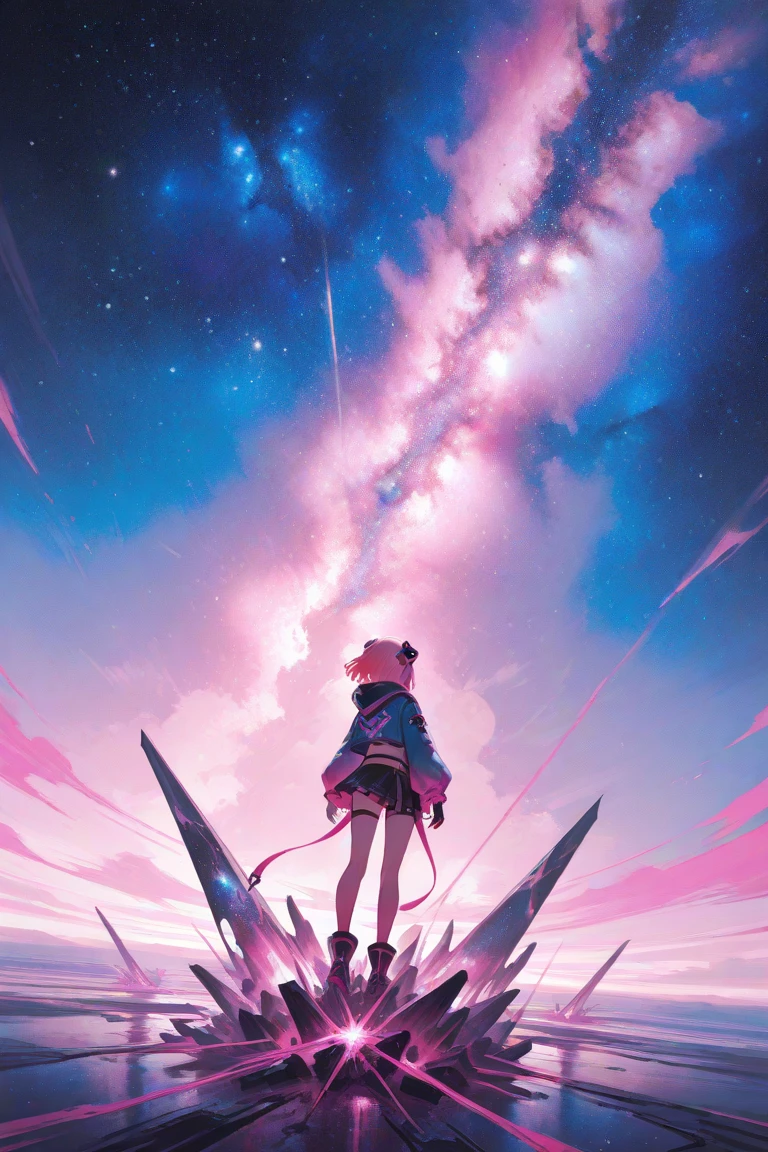 Space, nebula, stars, milky, 1 girl, pink hair, running jacket,