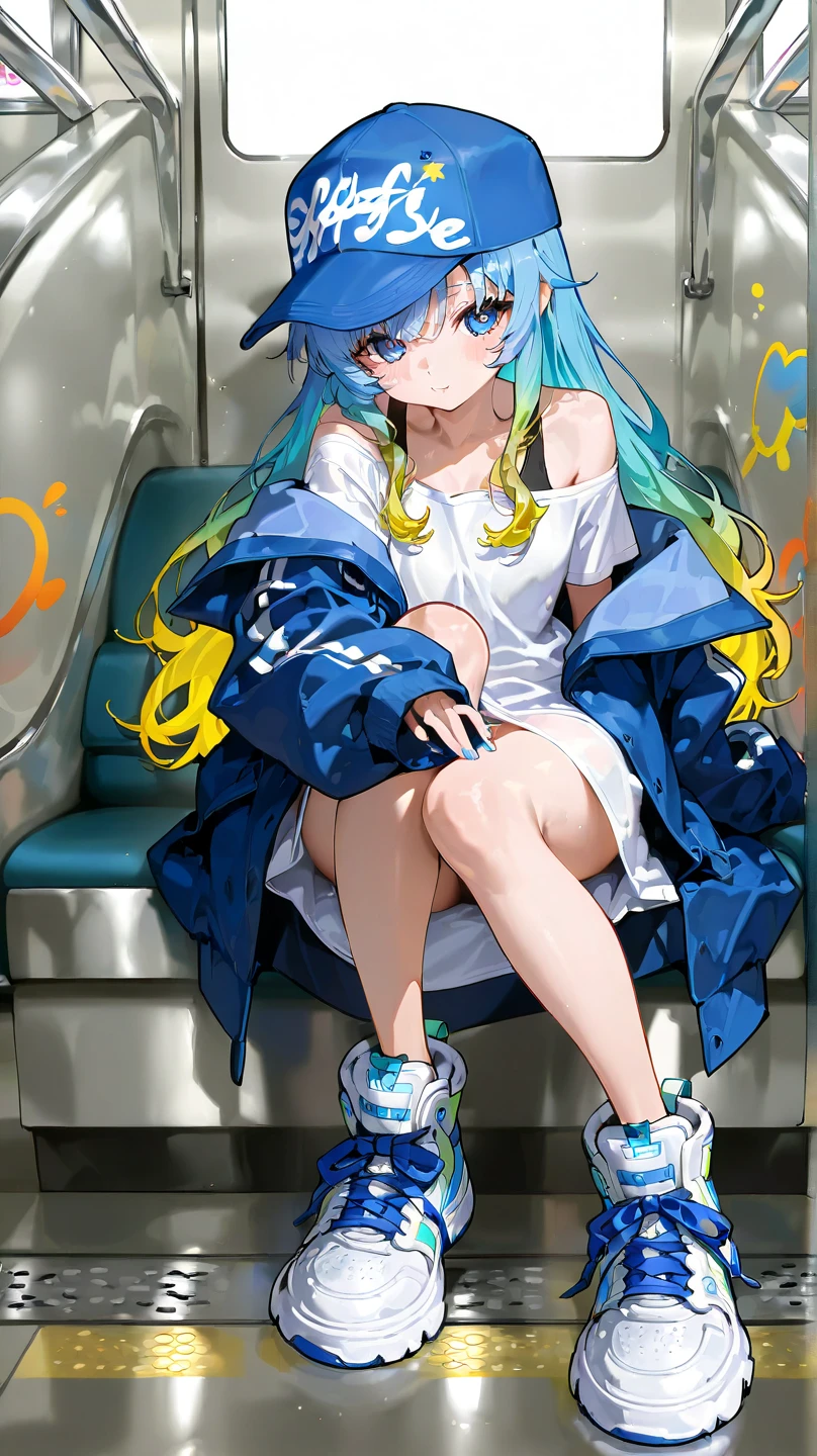 Best masterpiece, anime coloring, ultra-detail, 8k、((Sitting on the open corridor))、summer, morning, sun、White off-shoulder jeans with shorts、from below、looking down、smile,