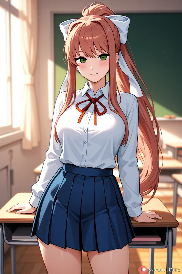 masterpiece, best quality, anime, highly detailed, 1girl, solo, school uniform, standing, classroom, monika, green eyes, brown hair, very long hair, ponytail, hair ribbon, white ribbon,