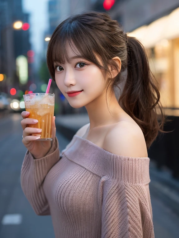 Highest quality、Highest quality、、masterpiece、Golden Hair、Blonde Hair、High ponytail、Gal、smile、looks fun、Young Japanese woman、one piece、Drinking at the bar