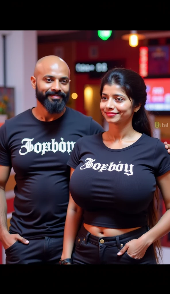 ???? indian married couple, brown man with bald head, tall, fat, woman with long hair perfect body, ???????????, big ????, big ???, short, couple, man and woman, front pose, detailed. Woman wearing ??????, man wearing black t shirt and yoga pants