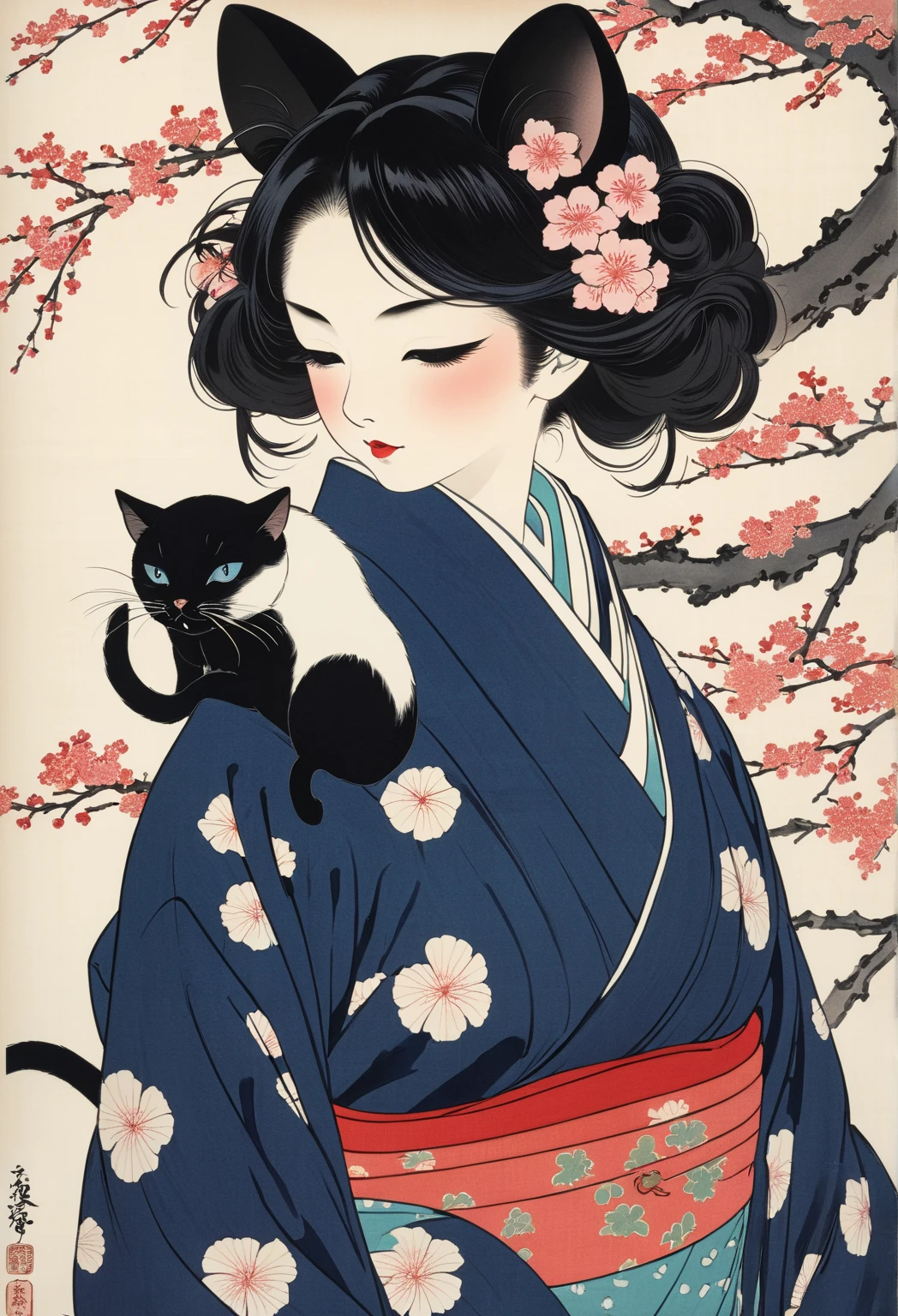 (Ito Shinsui style:1.2) , Hallucination, daydream , nightmare , Insane Dream , bokeh , erotica , romance , realistic mouse nymph and realistic cat , Women's hakama from the Meiji period , Petals fluttering down , Single eyelids, round nose, swollen cheeks , glossy lips , Collarbone , Hair blowing in the wind , Meiji period , Scapula