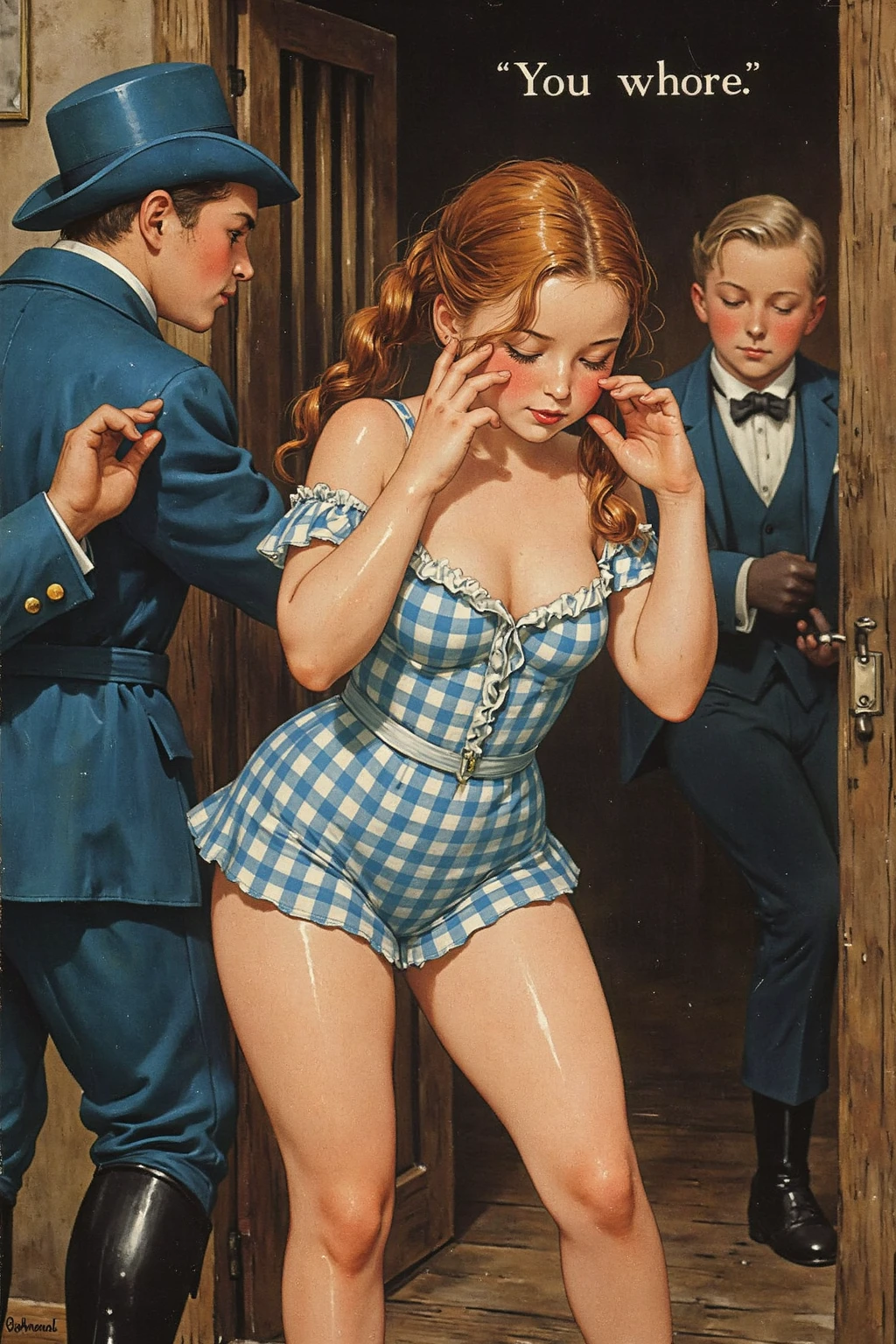 (((NSFW))), best quality, masterpiece, by Jessie Willcox Smith, bright colors, A 14yo blonde girl riding the streetcar is (((dry-humped by the aged, white-haired perverted 69yo man standing behind her, grabbing her breasts and pressing his crotch against her large bubble butt:1.3))). Girl wearing an Edwardian outfit (((1900_dr3ss))), picture hat, gloves, boots, 9-inchwasp waist. Man wearing a three-piece business suit, starched collar bowtie and bowler hat, man one head taller than girl. Full body.