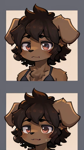 Please, generates an image of a character with light skin and dark brown hair, curly and slightly messy. His eyes are dark, naked, medium breasts, one of his ears, that are animal (dog or cat type) and coffee black. His facial expression is sleepy.