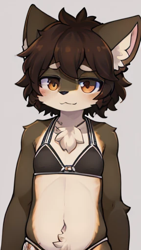 Solo, score_9, score_8_up, score_7_up, score_6_up, score_5_up, score_4_up, source_furry, Anthro, androgynous, anthro furry girl, maned wolf, brown eyes, tall,, short brown hair, white tips on hair, white highlights on hair, low ponytail. side locks, snout, jitome, bags under eyes, flat chested, wearing black bandeau, black boy shorts, holding her arm, shy smile, front view,
