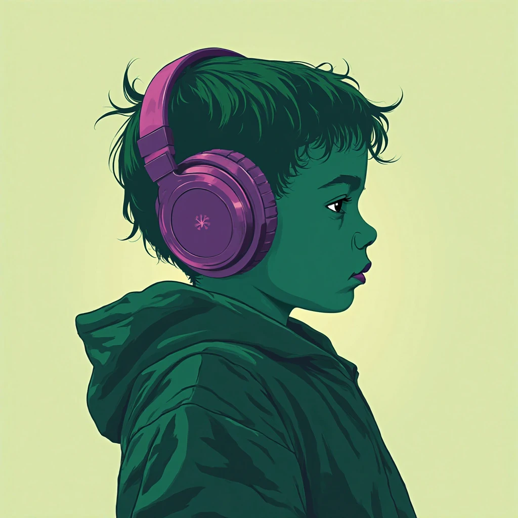 Foto de perfil de um menino com fone e um microfone fazendo estrime no estilo cartoom cabelos pretos bem colorido a imagem