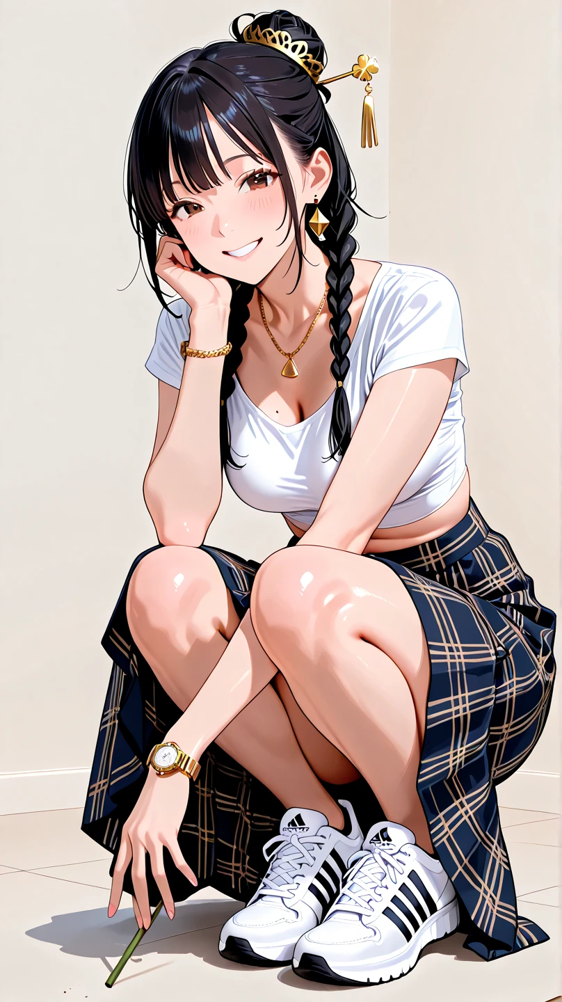 Gujaratis (India) 40 years old woman Brown Braided Bun, in the Living room, Lying on side with head propped up on hand, Denim shorts with a button-up shirt, EdobSouichirouYamamotoArtStyle <lora:EdobSouichirouYamamotoArtStyle_v1.0:0.8>