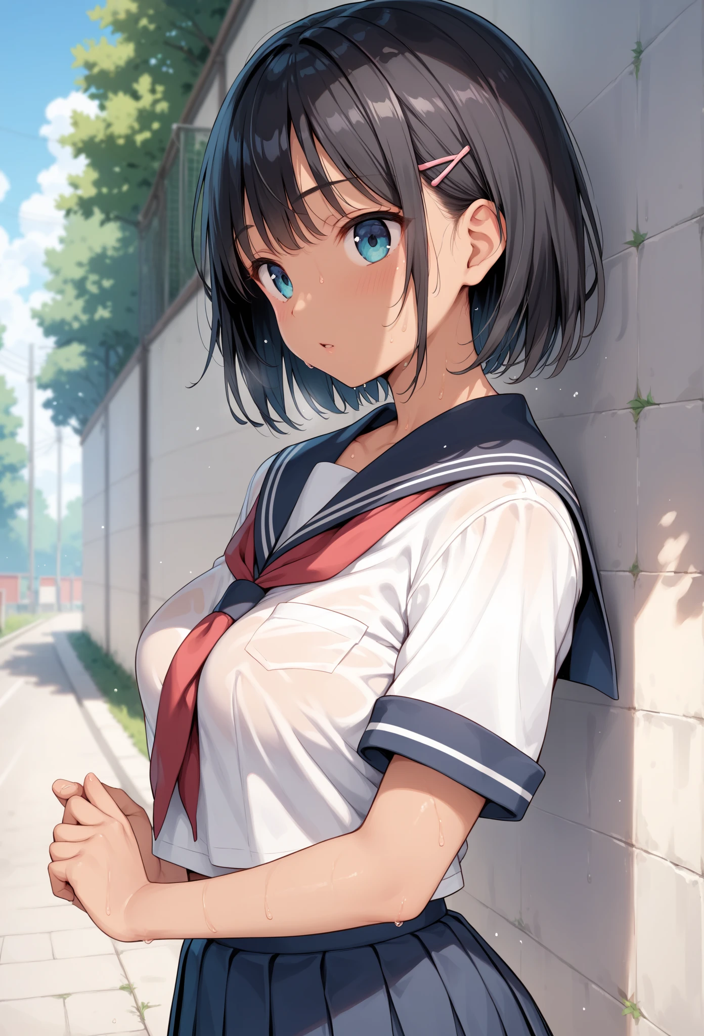 high school,Schoolyard,sun,girl,boyish,short hair,Black Hair,blue eyes,smile,Serious face,blush,Sweaty,Wet,Women's summer uniform,mini skirt,Cowboy Shot,Place hands on hips,sun,cloud,White shirt,From below