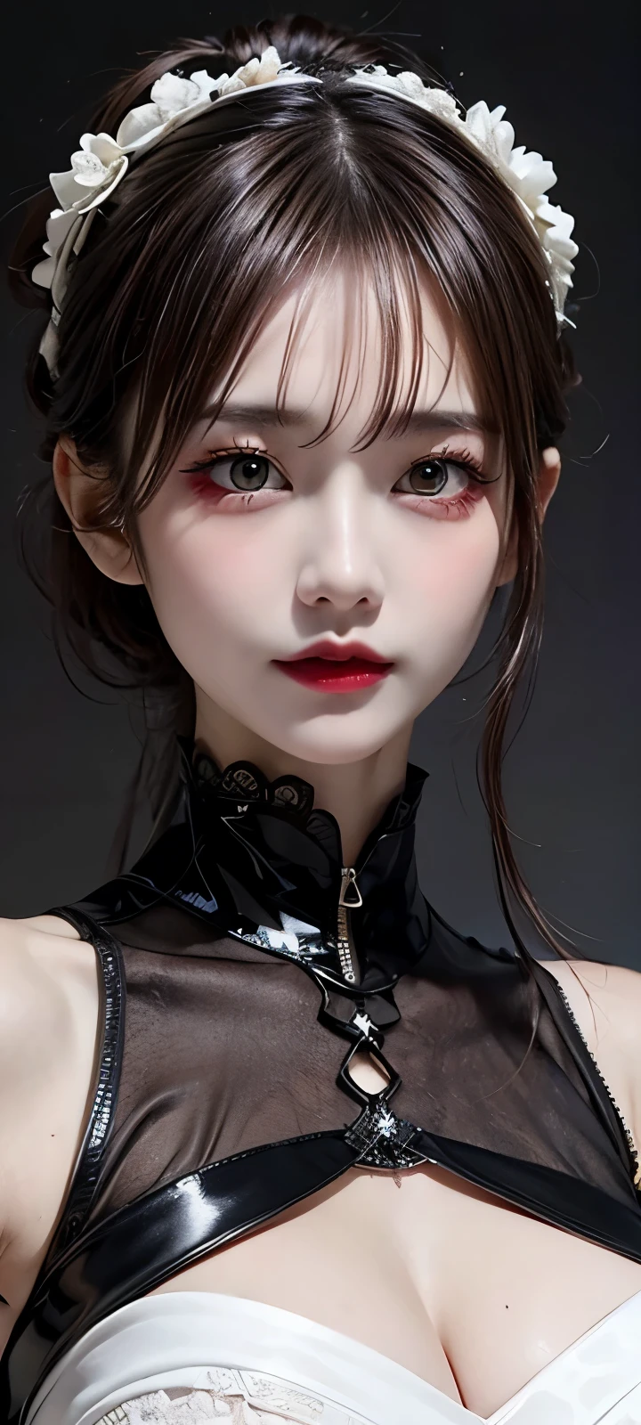 ((top quality, 8 thousand, masterpiece:1.3)) Korean woman, disorderly,receive the light,(black ponytail), dark eyeshadow, black lipstick, Gothic makeup, (Smudged makeup: 1.3), beautiful and delicate hair,delicate red pupils, (huge breasts) , (black corset, strapless), very pale skin, Smudged makeup, indifferent expression, red circle lenses, goth style clothes, monochrome, (smeared eye line), close up, from below