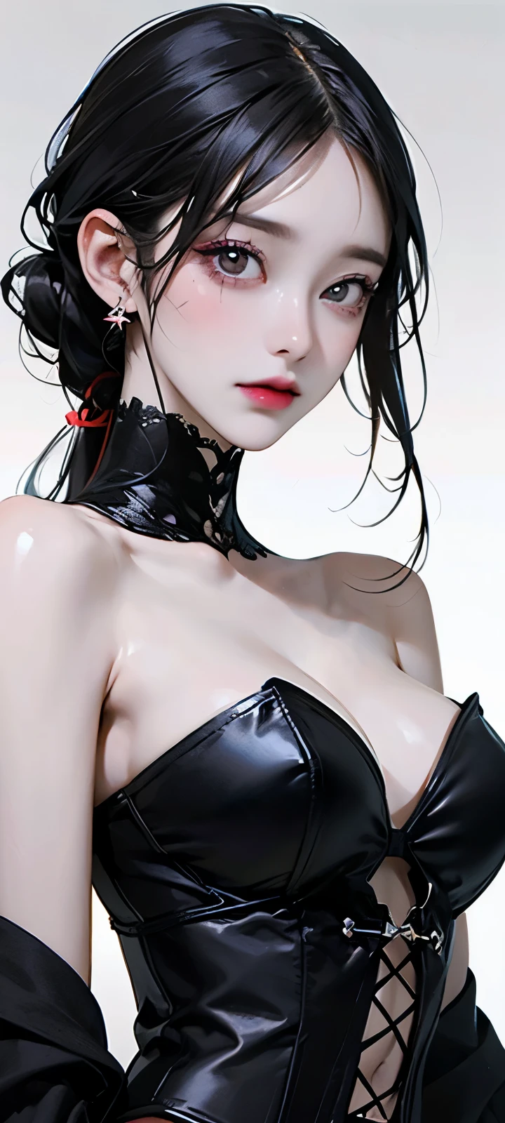 tsuruta ichiro, Narrow-eyed, 1girl in, Allback、deadpan、short-hair、shorth hair、brow、Reluctance、A dark-haired、Tucked Hair Solo, Cowgirl, Onepiece, ((big breasts)), Thin slit eyes、Black eyes, Light shines on the eyes、Black hair, gloves, Dress, Luxurious Jewelry, earrings, sharp eye、 elbow groves,Raise your hands and tie your hair back, random color, random color dress, Makeup for long eyes, Slender eyes、lip stick, Complex petal pattern, Rim Light, Back Light, pastel color,Studio Lighting