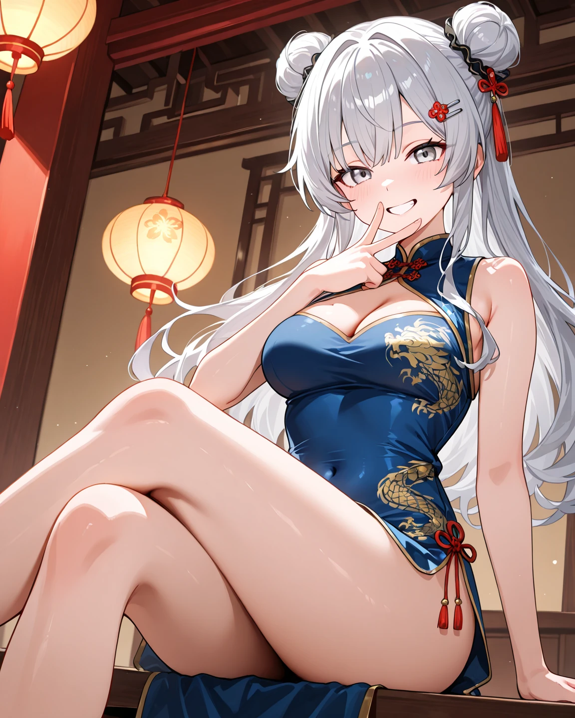 Alone,girl,gray hair,big breasts,Ahegao,twin tails,cheongsam clothes,thin legs,earrings,choker,looking at the viewer,alone