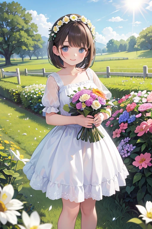 (High quality, High resolution, Fine details), standing in a blooming garden, soft sunlight, colorful dress, solo, curvy women, Braided hair, sparkling eyes, (Detailed eyes:1.2), smile, blush, Sweat, Oily skin, Soft tones, shallow depth of field