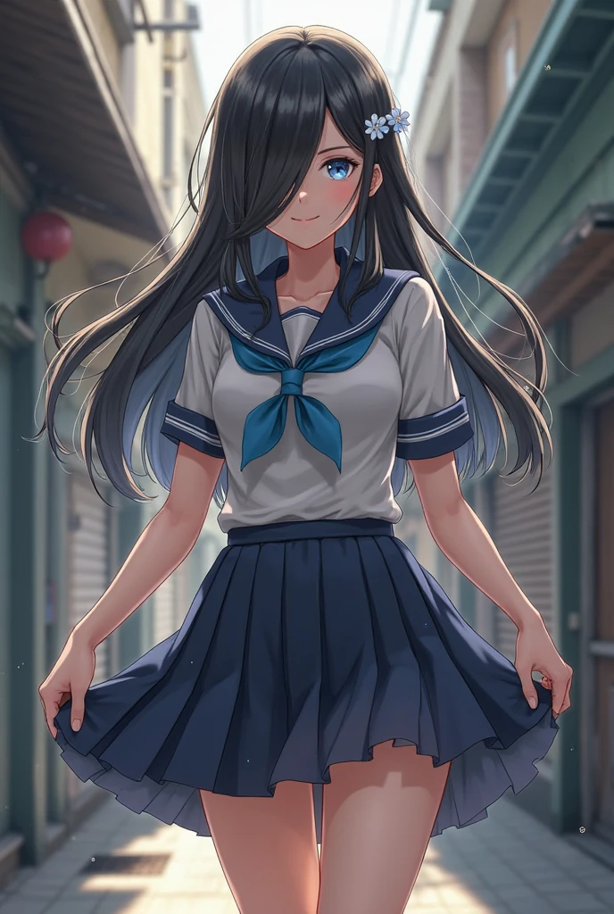 detailed face, cute face, masterpiece, Highest quality, High resolution, Very detailed, Detailed Background,, Detailed face,(Fraurem Chrome, (Black Hair, Semi-long hair, Blue ribbon in ponytail),(White blouse, Blue short ribbon tie, Blue long skirt), small, Neat, Iris,study, A kind smile), Scale out, Chic study, vase