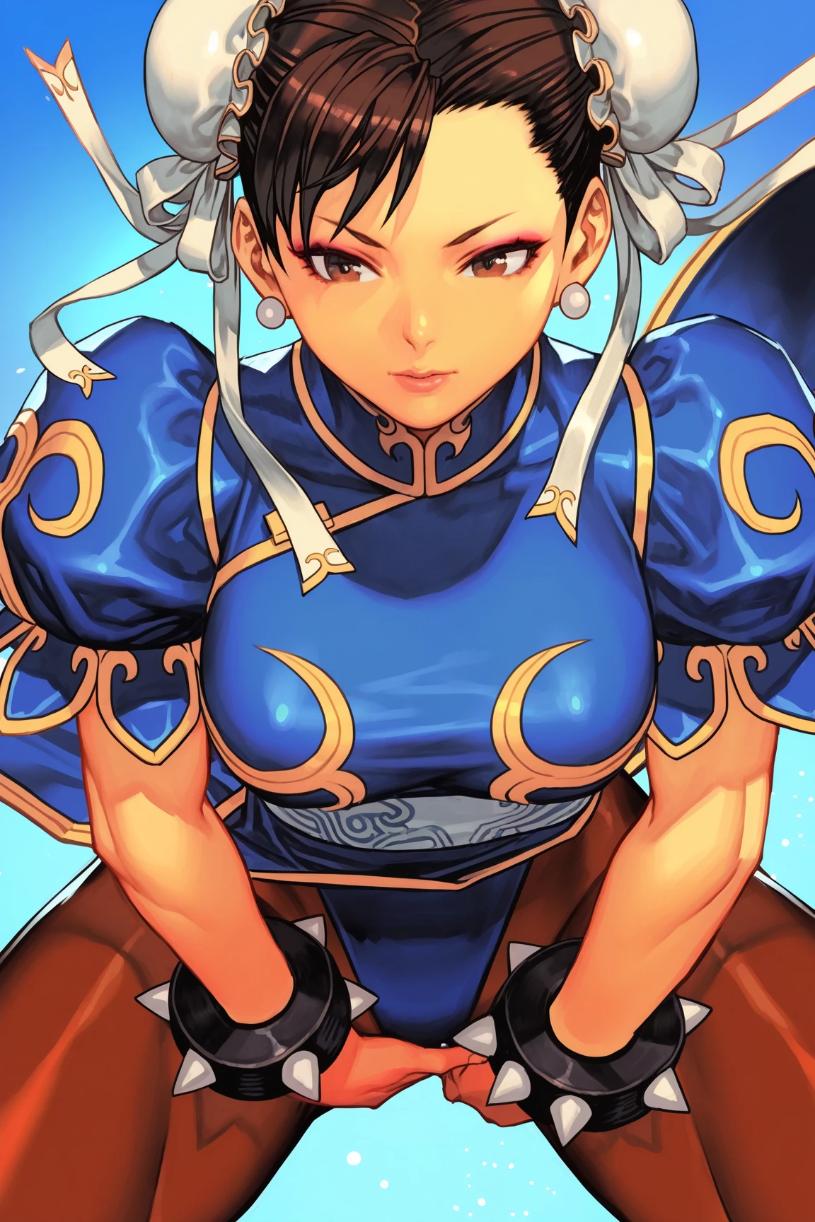 (masterpiece), (Highest quality), 8k resolution, Very detailed, Ultra-detailed, Realistic, photograph, Photorealism, (One girl), Chunli, Chunli costume, Perfect body, smile, photographのポーズ, Huge breasts, Thick thighs, Wide Hips, Narrow waist, Hourglass Shape, (whole body)(topless:1.3))nsfw, (spread pussy:1.3)