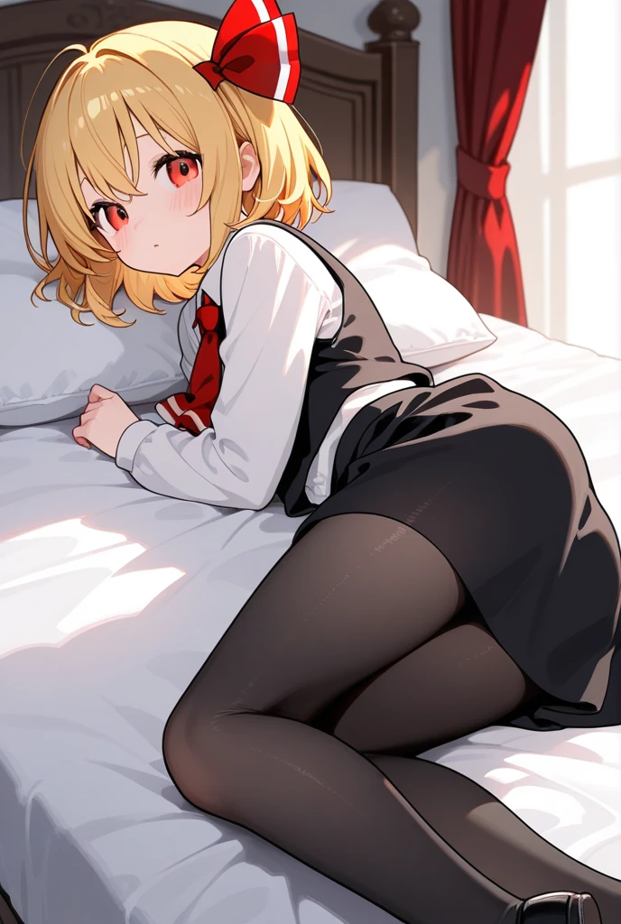 (superflat, flat shading, flat colors), (masterpiece, best quality), magazine page, schoolgirl, , blonde, school uniform, white panties, lying on bed, from behind, bottom, posing,