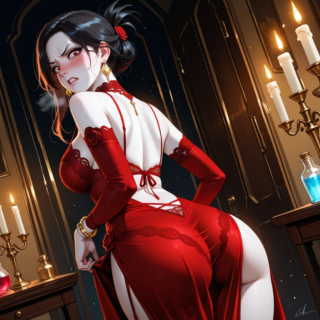 NSFW, junkotvv, black hair, red eyes, extremely long hair, messy hair, neko ears, (8k, best quality, master part:1,2), top-quality, master part, one pretty woman, Clean white skin, Beautiful red eyes, circunstanciado , Realistic , perfect thighs, thick-thighs, Round ass, perfect ass, anus, up skirt, Low angle seen from below
