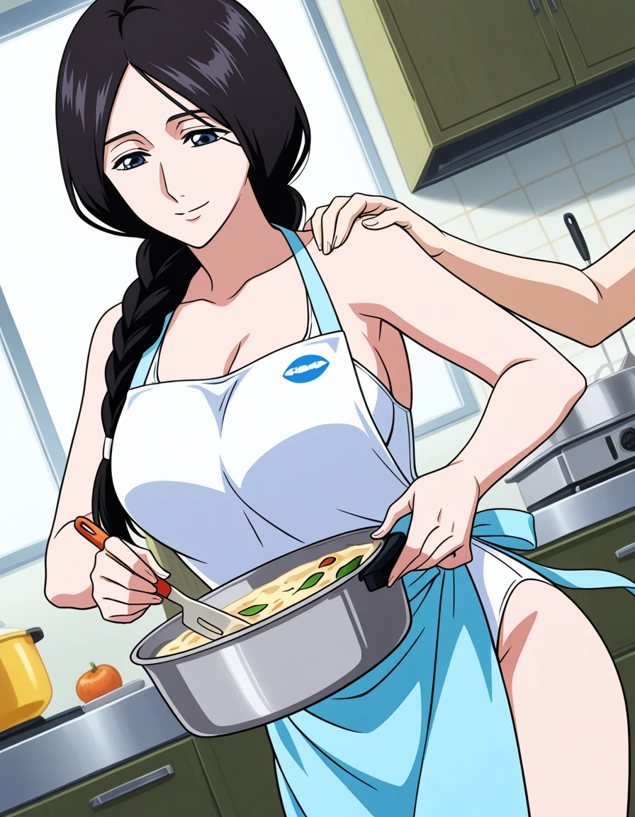 wanostyle, nico robin, 1girl , apron, huge ass, bare shoulders , (((black hair))), blue eyes, skirt, miniskirt, long hair , large breasts, kitchen, holding whisk, cream on whisk, mixing bowl, looking at viewer, solo, smile, detailed background, ((masterpiece)), ((best qualitly)), back view, (well drawn face)