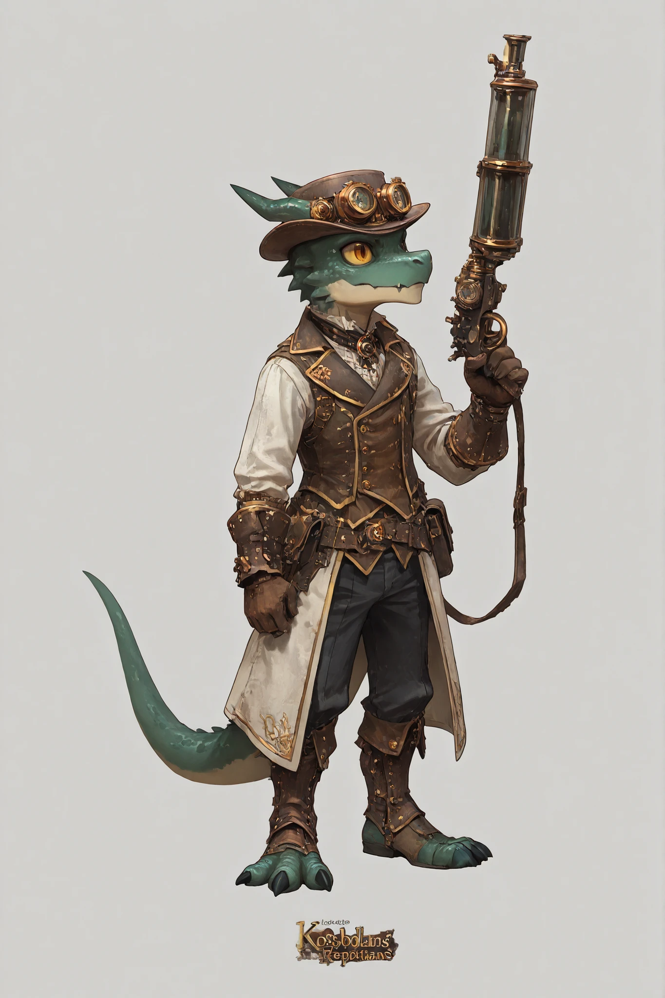 charater sheet, kobold, steampunk_costume, male, olhos amarelos reptilianos,