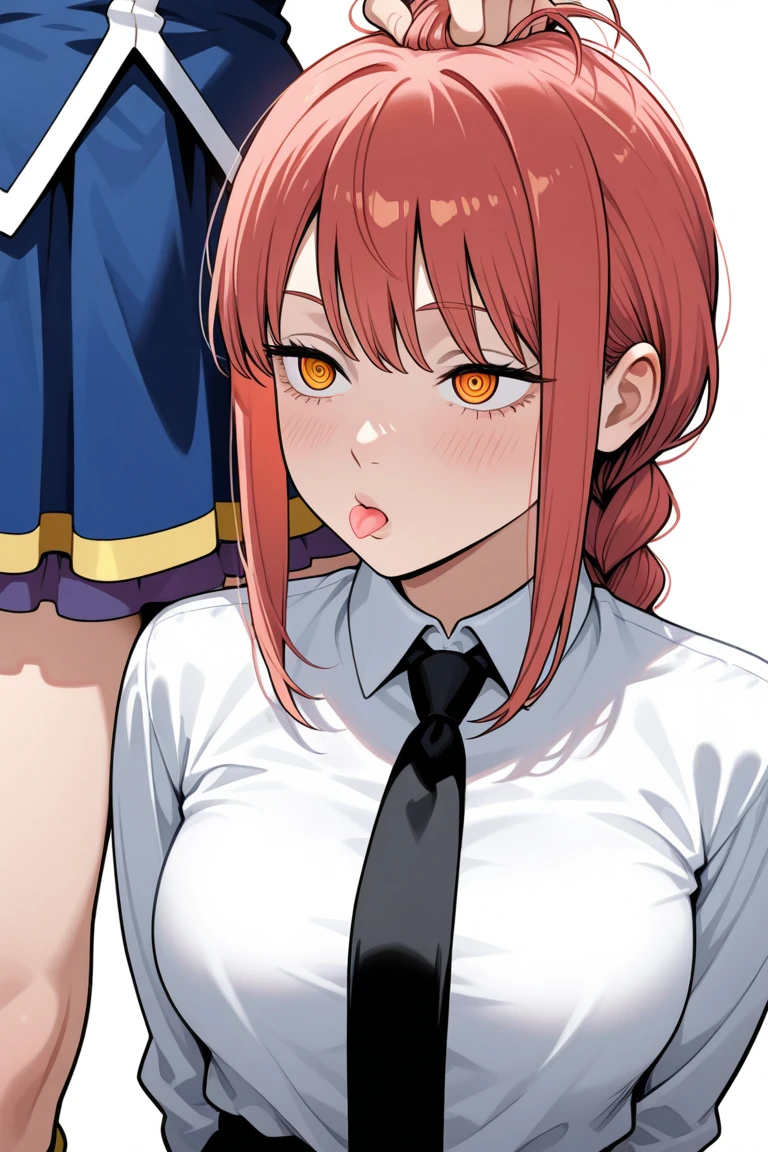 masterpiece, best quality, ultra-detailed, Blowjob, 1boy, 1girl, penis, fellatio, makima \(chainsaw man\), braid, braided ponytail, collared shirt, long hair, necktie, red hair, ringed eyes, shirt, sidelocks,