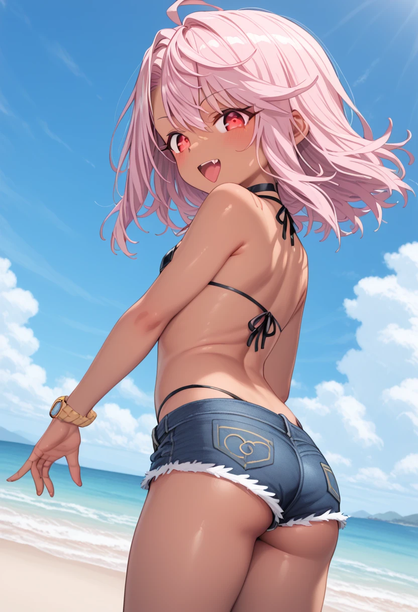 ((female)), (very messy hair), (happy smile), fangs, ((ripped abdomen)), toned arms and legs, small breasts, excessive sweating, (summer beach scene), blue eyes, wide hips , yacht in the background, barefoot, full body photo