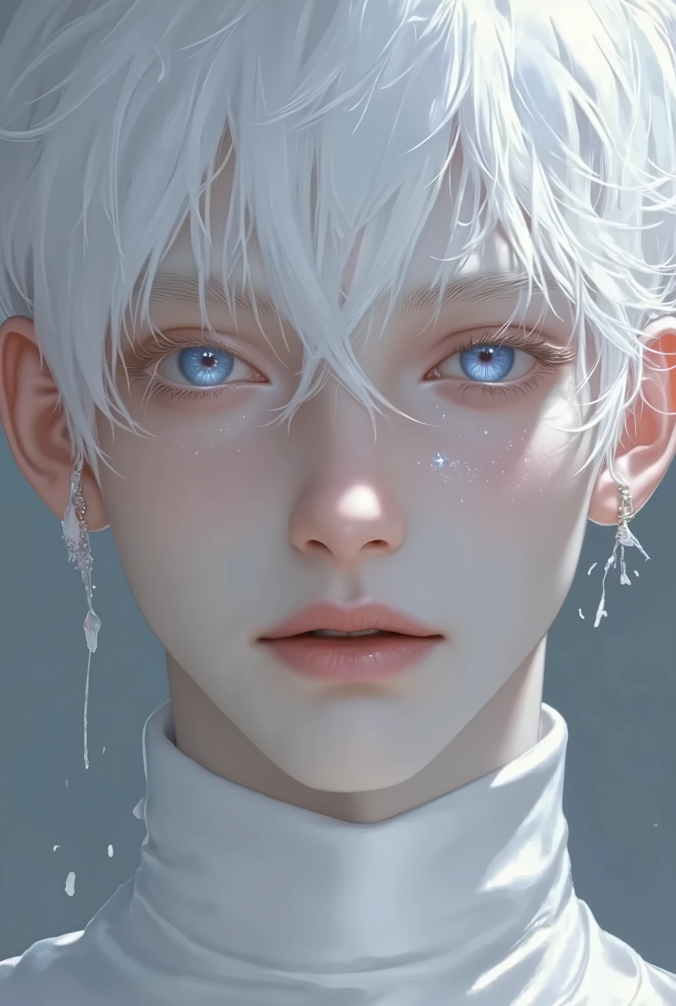 Ultra-detailed, 8k portrait, close-up, pale white hair, porcelain skin, icy blue eyes, intense gaze, soft light, high contrast, ethereal beauty, sharp jawline, turtleneck, dramatic lighting, cinematic look. Negative Prompt (very important): ugly, deformed, extra limbs, blurry, grainy, bad anatomy, text, watermark, lowres, un-detailed skin, unrealistic eyes