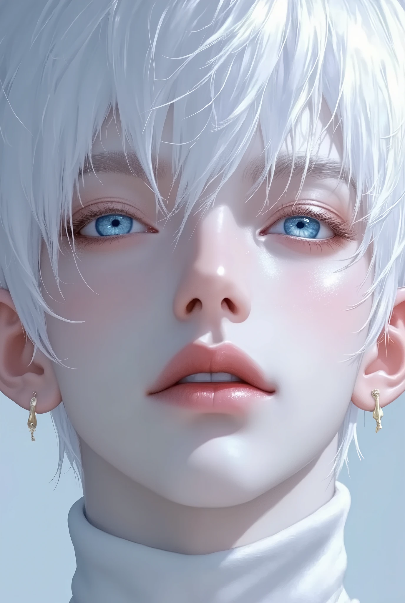 Ultra-detailed, 8k portrait, close-up, pale white hair, porcelain skin, icy blue eyes, intense gaze, soft light, high contrast, ethereal beauty, sharp jawline, turtleneck, dramatic lighting, cinematic look. Negative Prompt (very important): ugly, deformed, extra limbs, blurry, grainy, bad anatomy, text, watermark, lowres, un-detailed skin, unrealistic eyes

