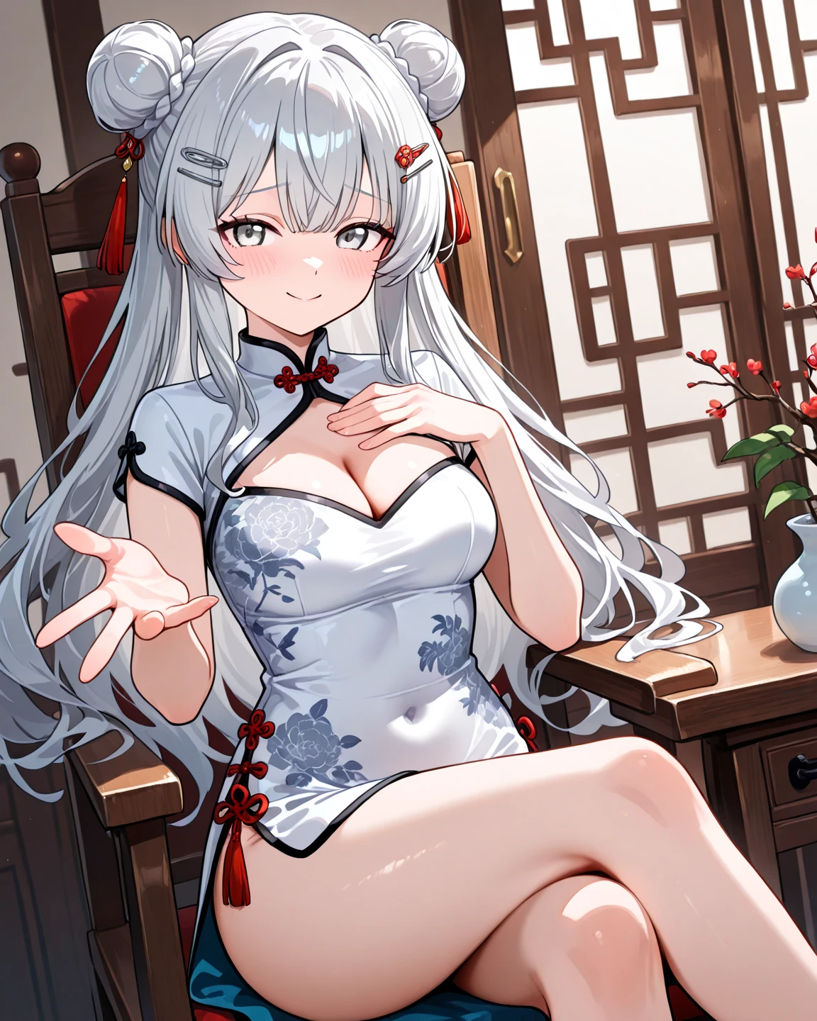 1girl, long tied hair, twintail, skimpy outfit, smug face, winking, less light bloom, red eyes, showing armpit, beautiful armpits, thick thighs, less shine, wearing chinese dress, side boob, natural ambient occlusion, absurdres, masterpiece, oriental window