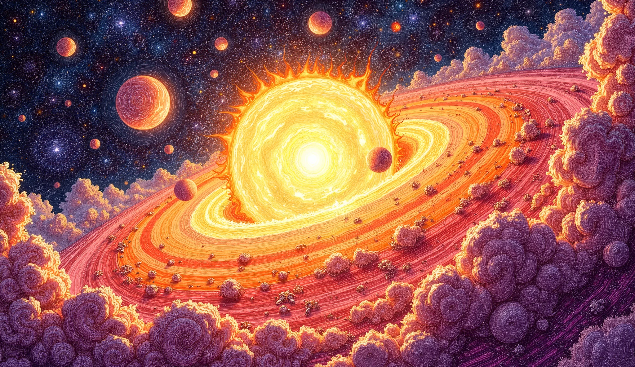 Young sun surrounded by swirling protoplanetary disk, glowing dust and gas forming clumps, planets beginning to form from collisions, soft golden lighting, deep space background with scattered stars, colorful pencil sketch style, bold lines, work of art, best qualityer, 8k, extremely cartoon styling