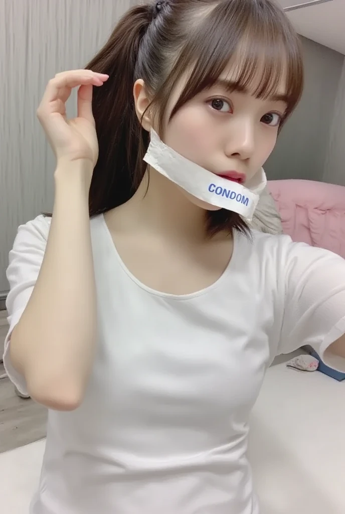 ((Midnight, Best quality, 8k, Masterpiece :1.3)), Whole body, Long legs, Sharp focus :1.2, A pretty woman with perfect figure :1.4, Slender abs :1.1, ((Dark brown hair, Big breasts :1.2)), (White tight tshirt, Jean bib, Standing:1.2), ((Night city view, Rooftop:1.3)), Highly detailed face and skin texture, Detailed eyes, Double eyelid, ballgag