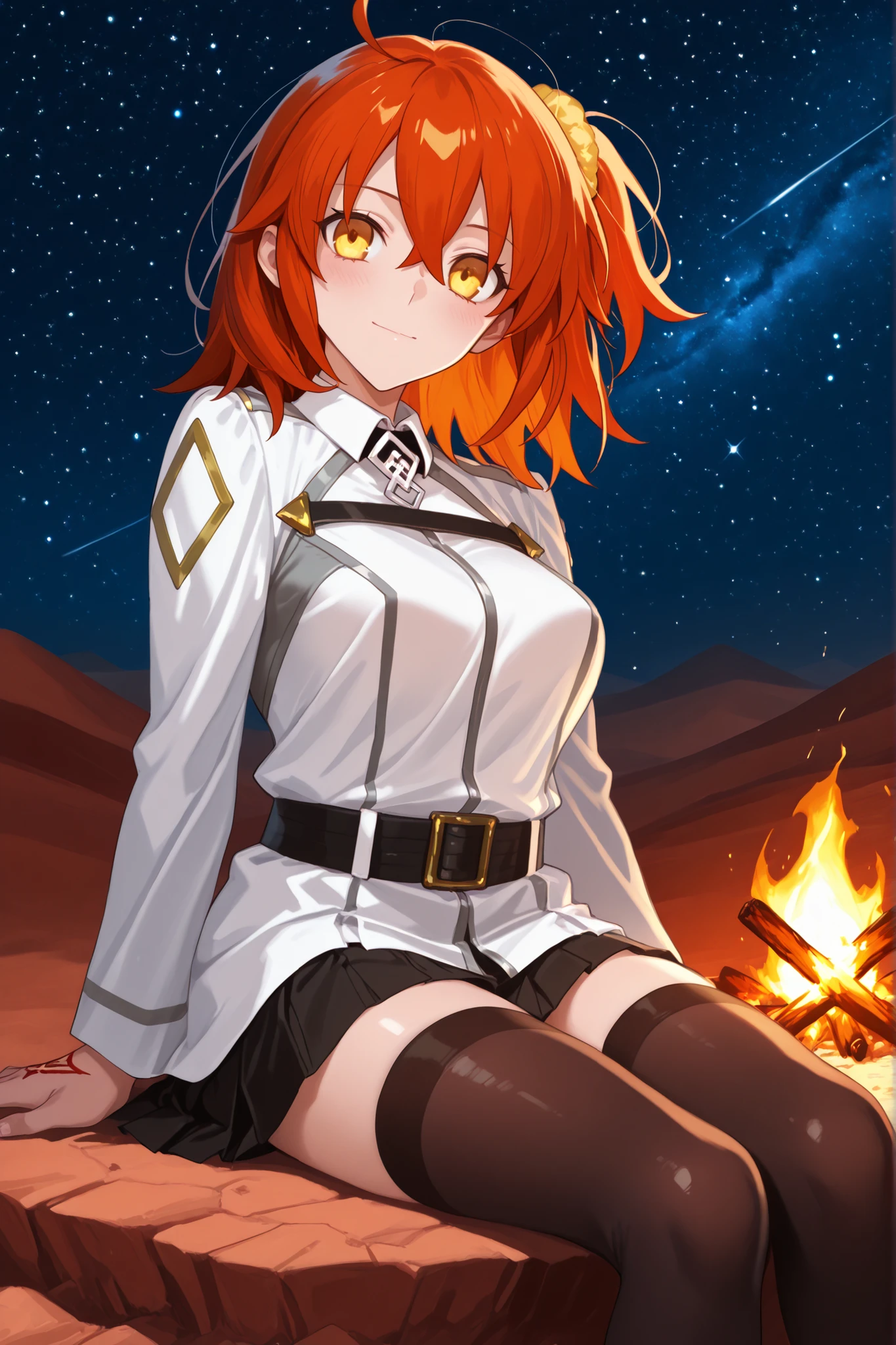 最High Quality、masterpiece、High Quality、newest、high resolution、detailed face、Beautiful painting、smooth texture、Ritsuka Fujimaru、Of war、uniform、orange hair、golden eyes、pretty eyes、mature face、pretty face、 night desert background、Detailed Background、beautiful background、Sitting and having a bonfire 、I'm looking at this from the side、beautiful starry sky