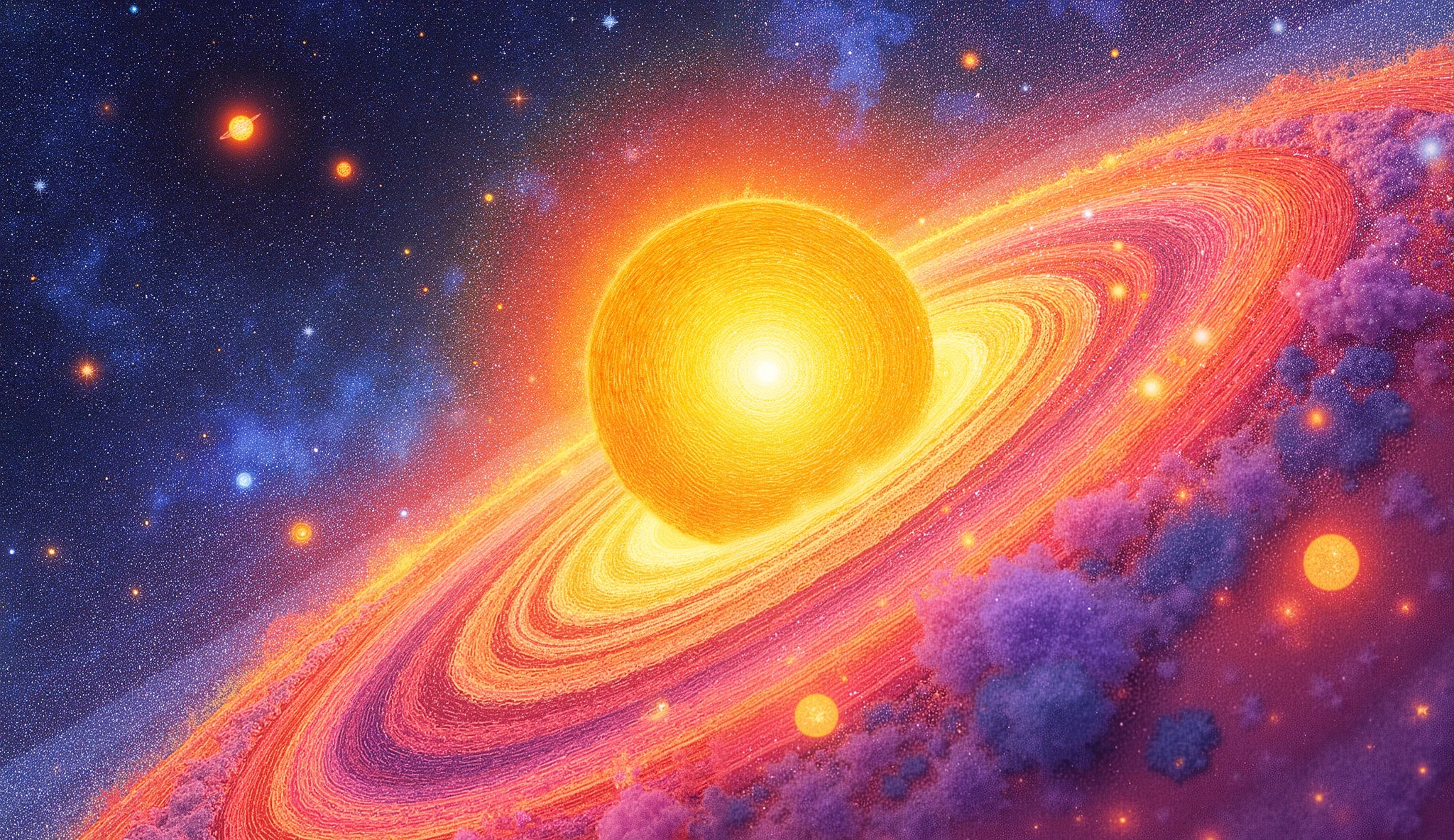 Young sun surrounded by swirling protoplanetary disk, glowing dust and gas forming clumps, planets beginning to form from collisions, soft golden lighting, deep space background with scattered stars, colorful pencil sketch style, bold lines, work of art, best qualityer, 8k, extremely cartoon styling