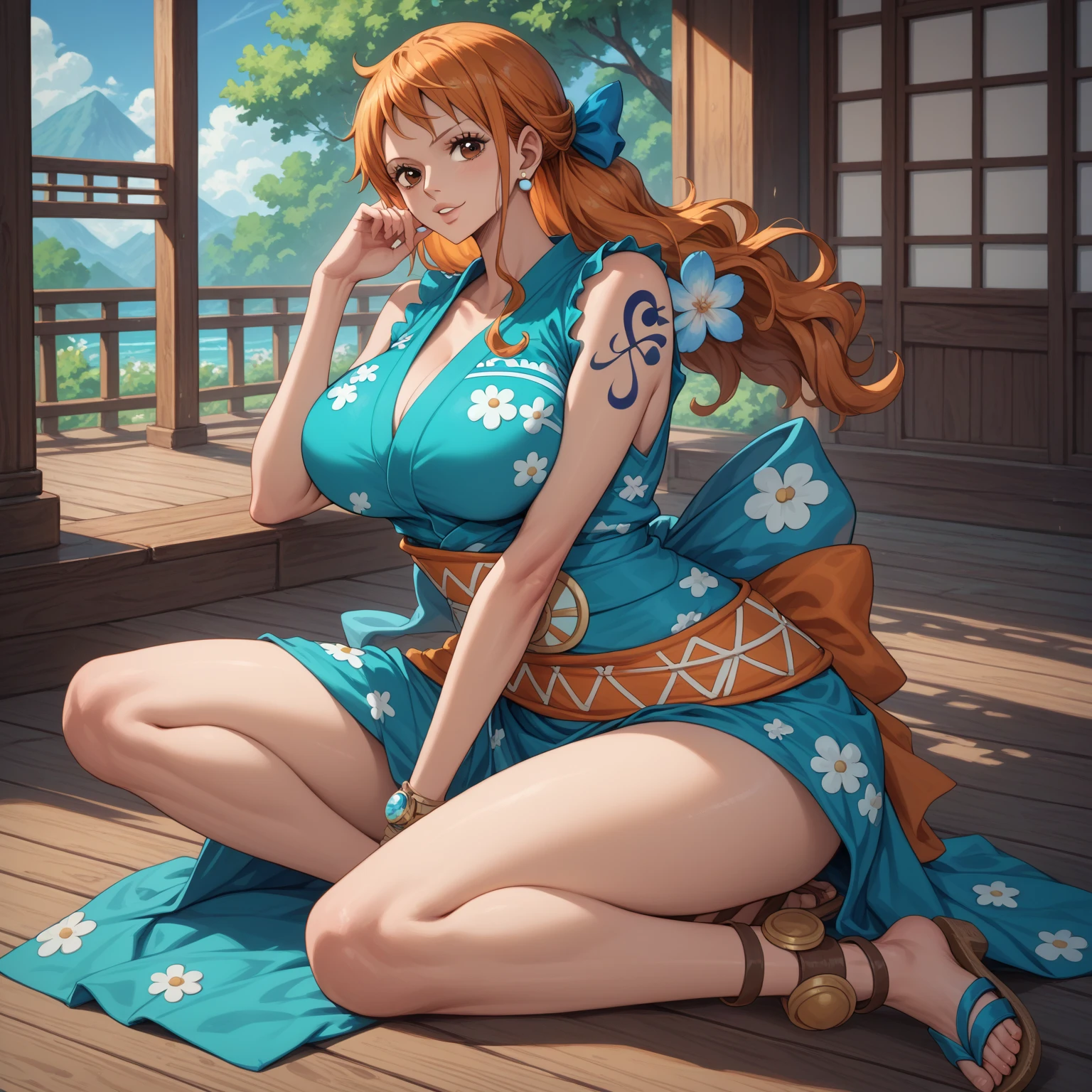 Masterpiece, best quality photo, 32K HDR resolution, 1Woman, beautiful woman with orange hair, wearing luxurious kimono, Tight Kimono, curvy body, Gigantic breast, Beautiful leg, at wedding ceremony, happy expression, showing her legs, looking viewer.