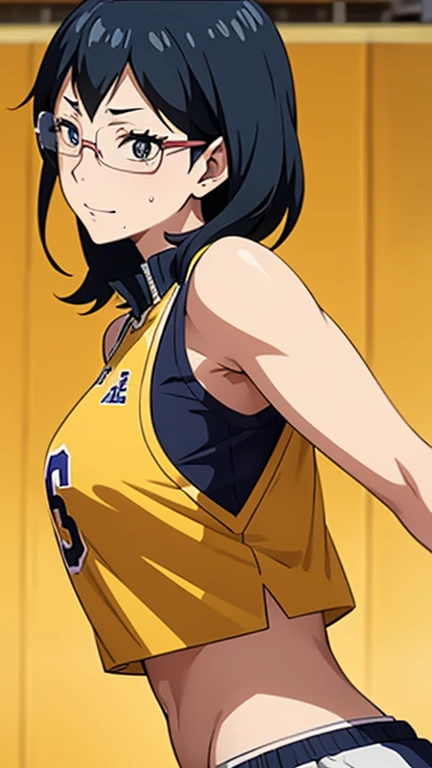 a close up of a person wearing a basketball uniform, a picture, inspired by Kentaro Miura, trending on pixiv, Saeko Tanaka, Haikyuu, short hair, wearing yellow nba jersey, yellow croptop nba jersey, wearing a low cut croptop, wearing croptop, croptop, written "Lakers" on the croptop, golden raito, (winking), shirobako, large)}], favorite scene, fine details. anime. skins, sweating, big breasts, both hands raised, armpits, armpits visible, dripping with sweat, more more sweat, sweaty armpits, smile