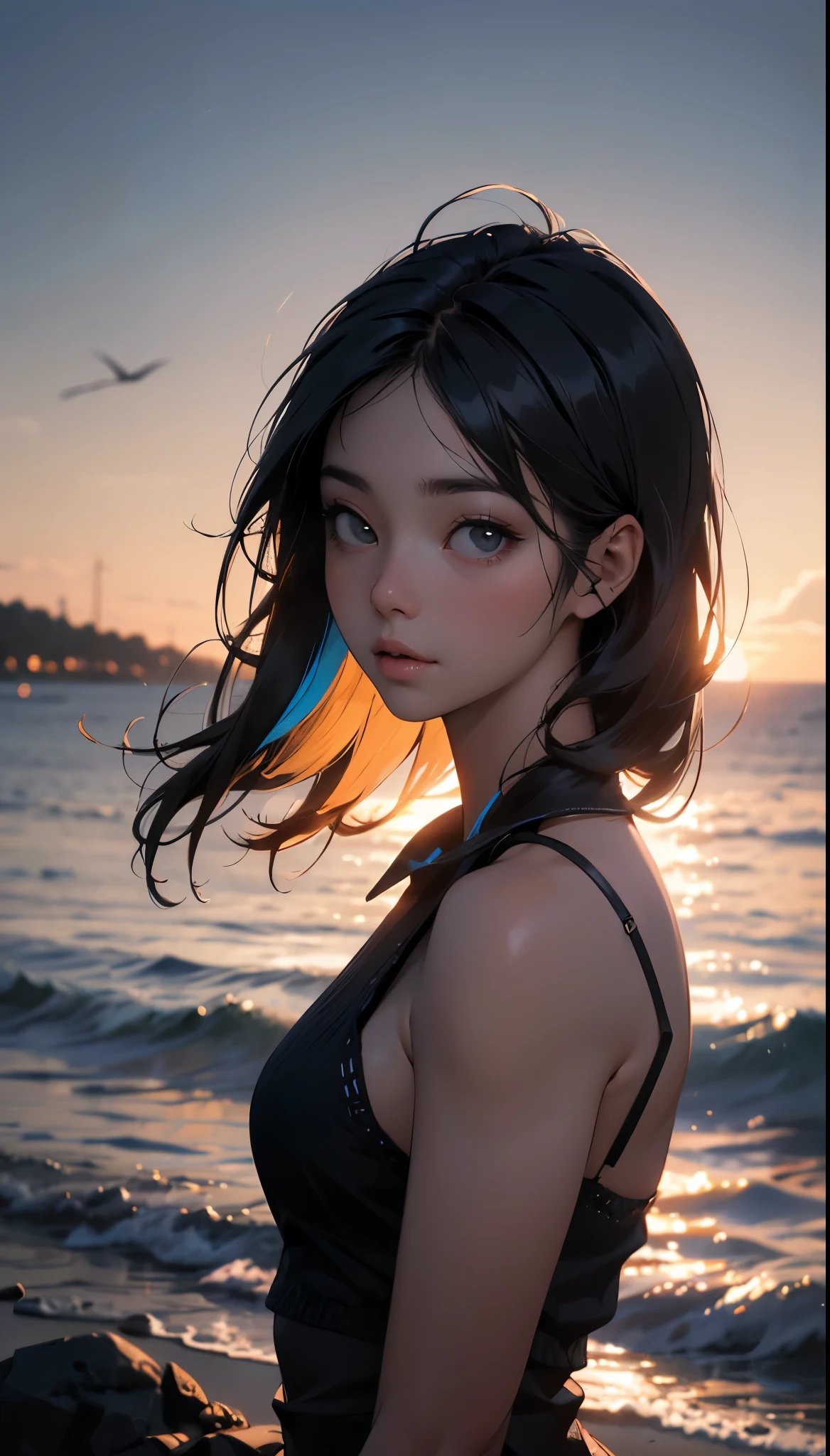 high quality, 8K Ultra HD, A beautiful double exposure that combines an goddess silhouette with sunset coast, sunset coast should serve as the underlying backdrop, with its details incorporated into the goddess , crisp lines, The background is monochrome, sharp focus, double exposure, by yukisakura, awesome full color, full body, realistic details