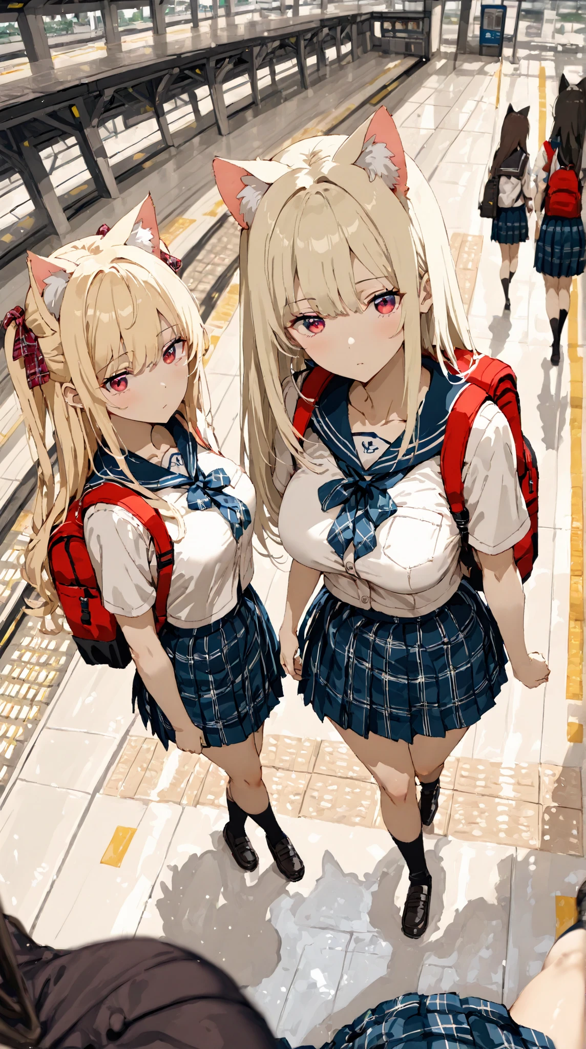 (masuter piece:1.6、top-quality)、(Fine and beautiful:1.2)、teens girl、(((soio)))、long、独奏、student clothes、hair adornments、hair between eye、Two-side-up、a blond、Super long hair、skirt by the、Akame、Thigh strap、Sweater Vest、plaid skirts、Plaid、sox、Two-side-up、hair adornments、pleatedskirt、knee high、skirt rift、Back alley、natta
