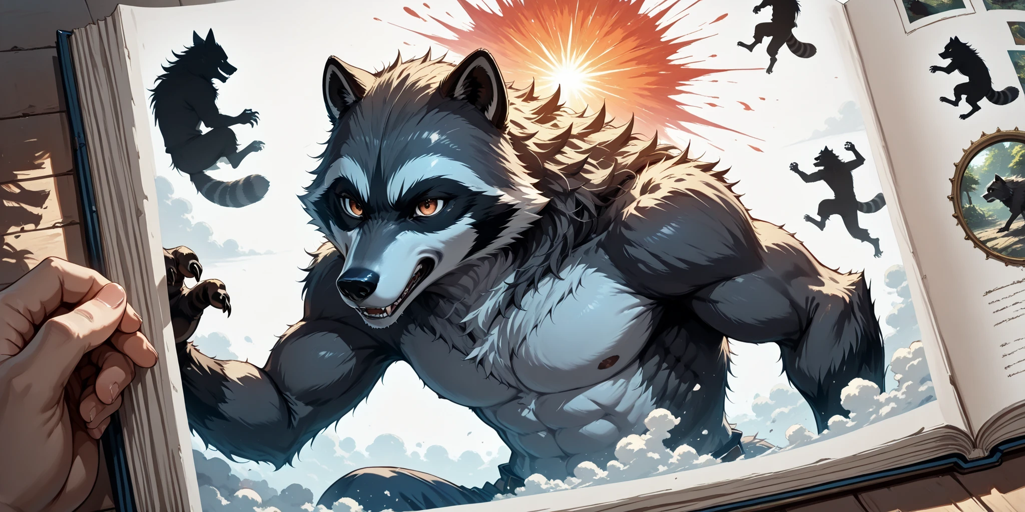Break,(out-frame of a picture book:1.2),break,(watercolor, pastel, hand-drawn dream world, thick outlines),(1boy and 1animal,1boy is werewolf ,1animal is the raccoon ) ,adventure in wonderland,wrnchexpwhimsicalvisions, silhouette, double exposure,