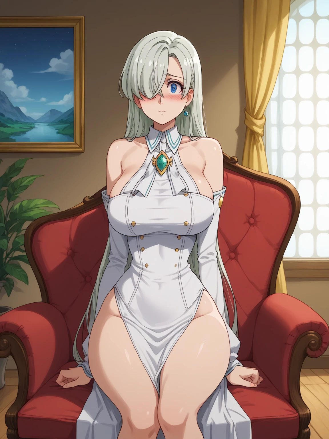 masterpiece,best quality,highly detailed,ultra-detailed,an extremely delicate and beautiful,masterpiece,1girl, solo,kaguya,mature female,large breasts, long hair, third eye,horns,white short eyebrows, (pale skin:1.3), looking at viewer, on bed,indoors,window, naked, not wearing clothes,full body naked, vagina, pussy,