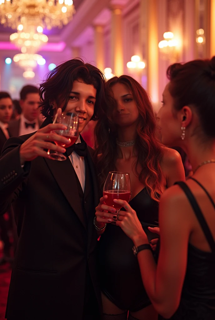 party scene, with fireworks, guests dancing and drinking, in the center an adult white man, straight short black hair, brown eyes, thick eyelashes, wearing a party tuxedo and holding a glass of champagne, realistic, digital art, realistc, photo