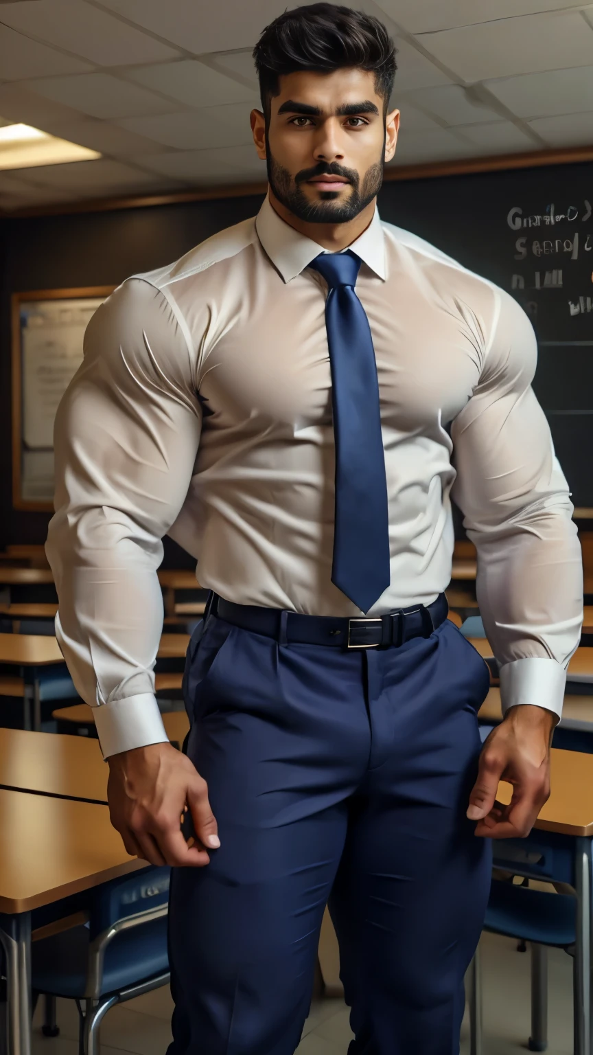 18 years old indian school boy with small beard mascular dark skin jaat with spiky hairstyle in , head to thighs, indian school boy, beautiful eyes, large lips, volumeric light, wearing opened white shirt with tight-fitting trouser and navy tie , huge bulge, muscular chest, long legs, left neck look, Wide shoulders, nice detailed hands, standing in school classroom wirh spread legs background, sunny day, daylight, His perfect( big huge bulge) is (coming out) of his pant,masterpieces