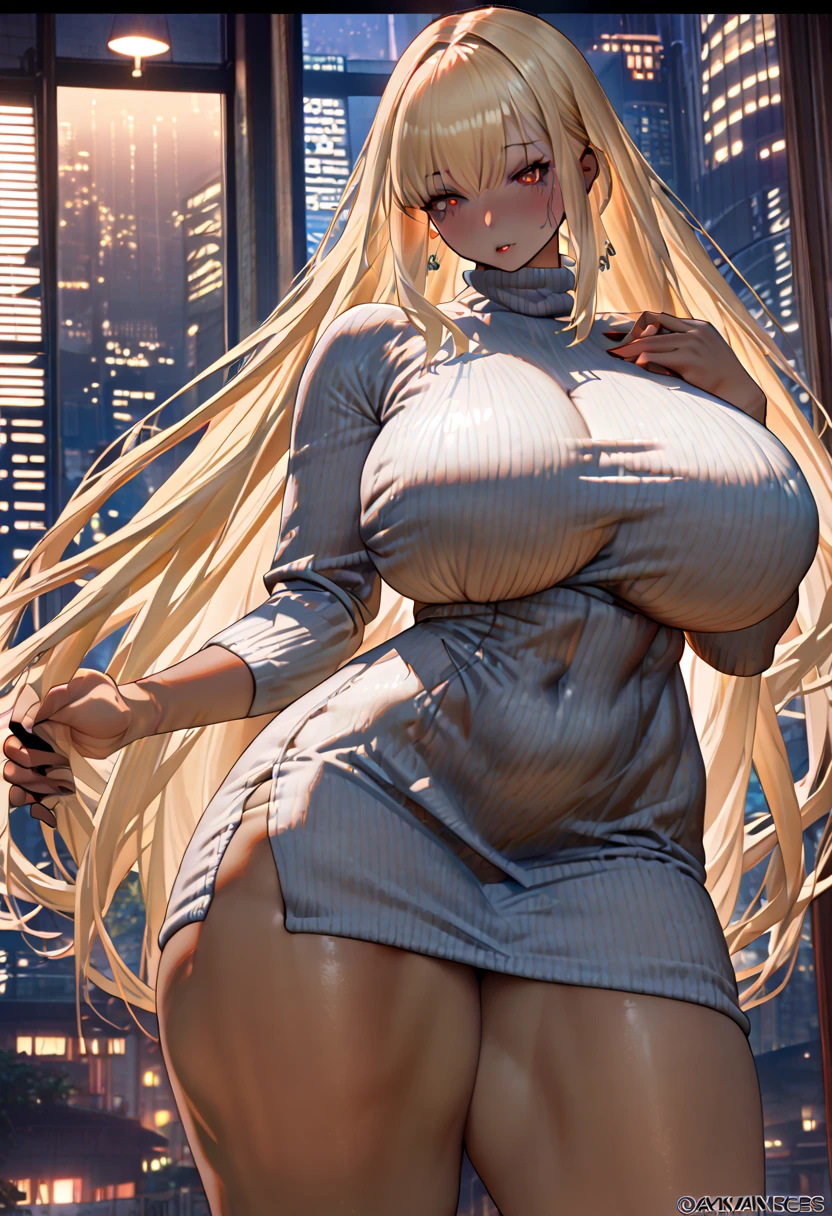 Maniac, Wide buttock, gigantic cleavage breasts, looking at viewert, ssmile, ahoge, pleatedskirt, blond hairbl, Cardigan, view over city,.