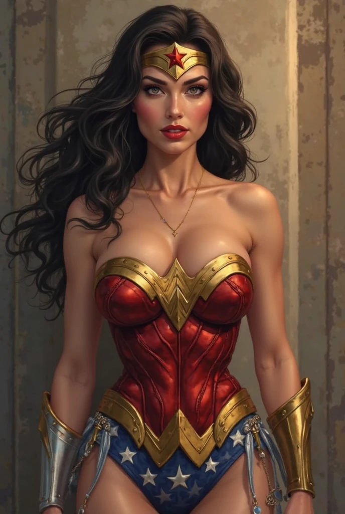 (masterpiece), best quality, expressive eyes, perfect face,Sara Pezzini,homicide detective,long dark brown hair,brown eyes,thin lips,round face,big breasts,wearing left hand Witchblade magic gauntlet covering the left forearm, sensual and audacious