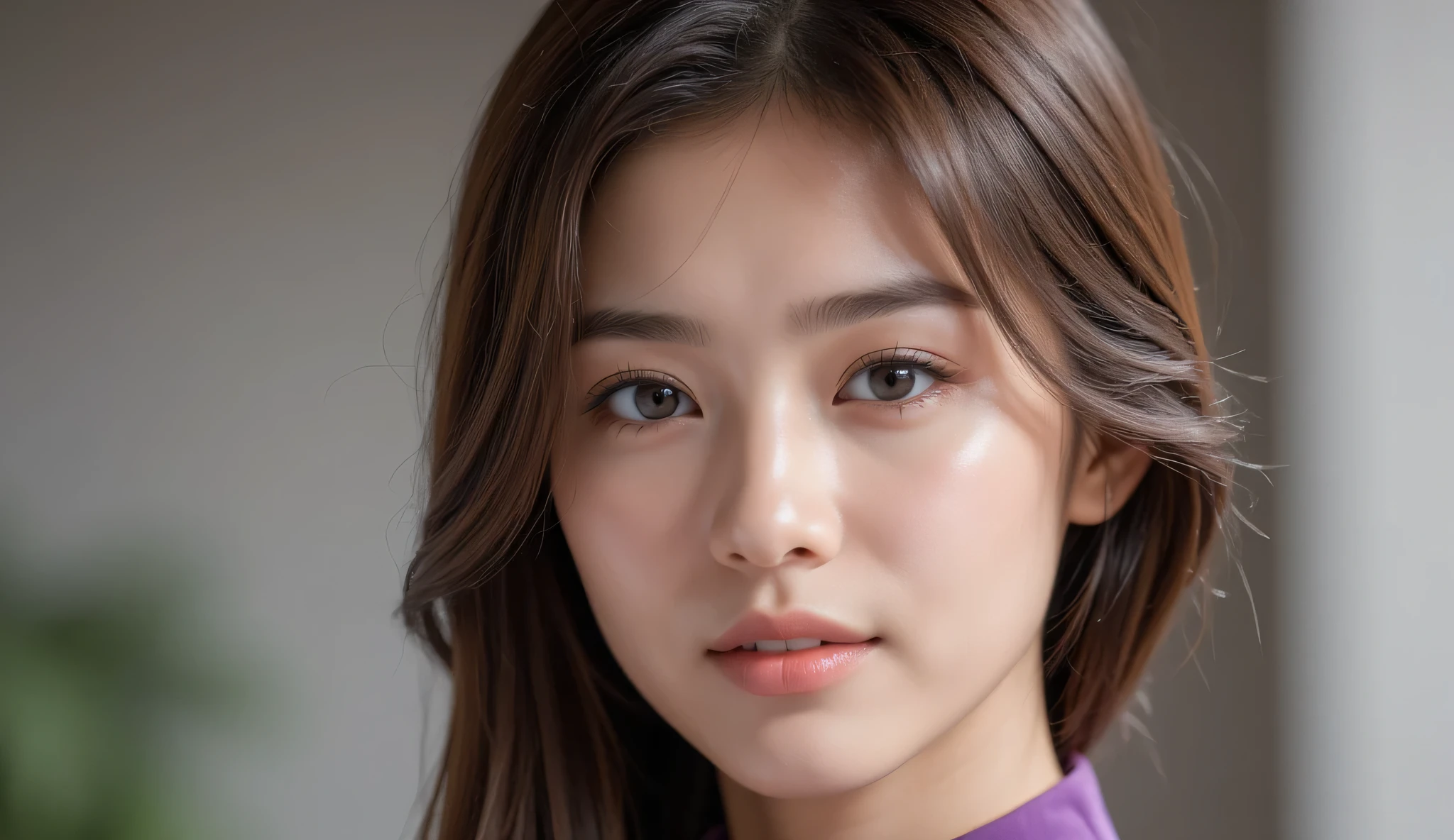 Image of a 27-year-old Vietnamese woman, wearing a traditional ao dai, Hue purple, this woman's face is round, with a wide forehead and straight hairline. Her eyebrows are quite thick and slightly curved. Her eyes are single-lidded, dark brown, looking straight into the lens with a calm gaze. The bridge of the nose is straight, not too high, and the nostrils are round. The lips are full, slightly open. The chin is round and full, creating a feeling of kindness. Overall, the face exudes a gentle and kind look.