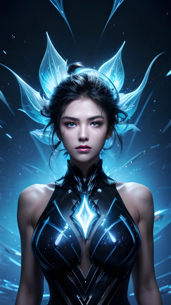Upper body shooting, front facing, exquisite appearance, complex liquid smoke chaos storm, Black and blue parts, Broken glass, particle explosion , Light, bioluminescent liquid particles, muscular, highly detailed,  Future Tech Background, symmetrical arms ，big breasts，big 