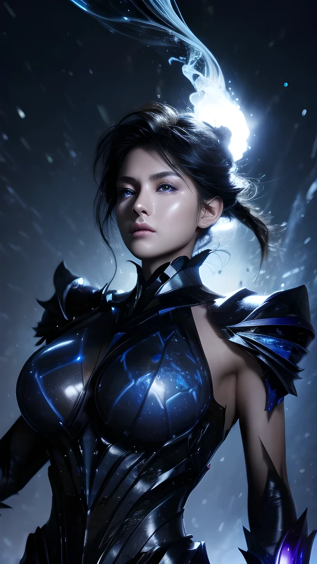 Upper body shooting, front facing, exquisite appearance, complex liquid smoke chaos storm, Black and blue parts, Broken glass, particle explosion , Light, bioluminescent liquid particles, muscular, highly detailed, Future Tech Background, symmetrical arms ,big breasts,big