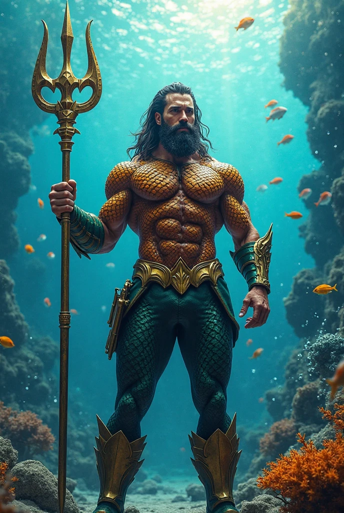 Aquaman in black armor and black hair and raising his trident and screaming and has fangs